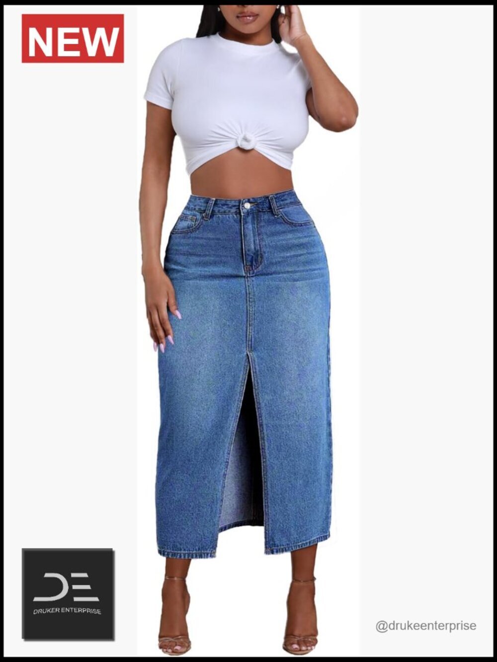 High Waist Stretch Midi Denim Skirt with Pockets Button Front Slit